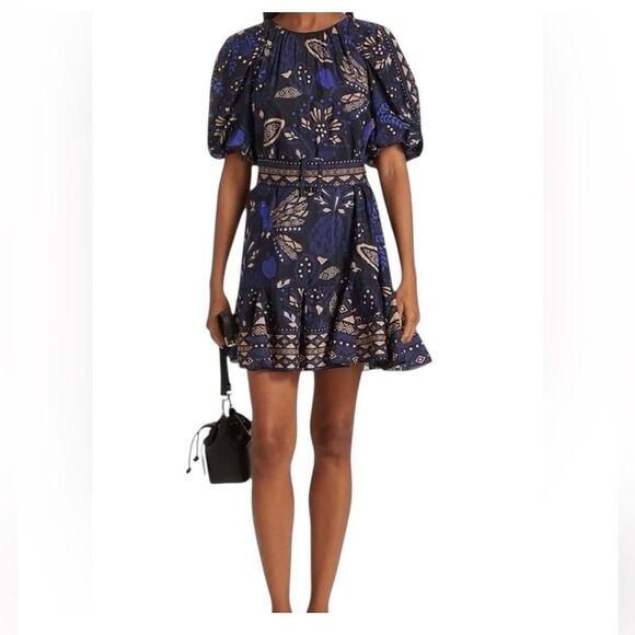 Farm Rio Macaw Forest Cotton Blend Puff Sleeve Round Neck Belted Mini Dress - Picture 2 of 11